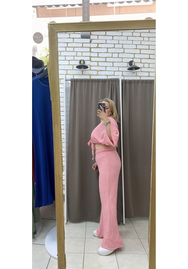 Tuba Toptaş Bağlamalı Gofre Bluz Pembe