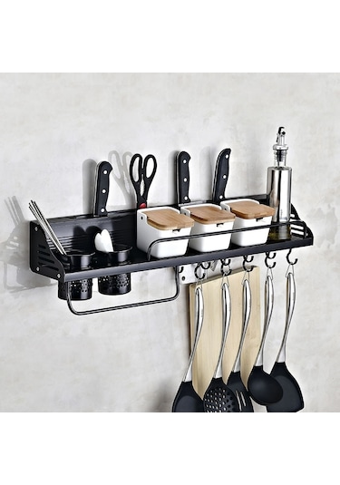 Sones A Versiyon 70cm 2 Bardak 10 Kanca Mutfak Çok Fonksiyonlu Duvara Monte Baharatlık Saklama Rafı Siyah