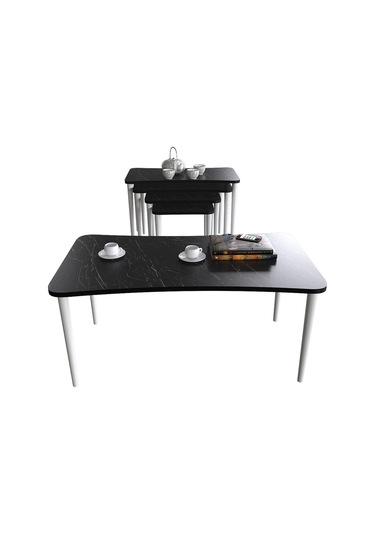 Alanur 5li Orta Sehpa Ve Zigon Sehpa Ahşap Ayaklı Çay Kahve Sehpası Xl Salon Seti Siyah Mermer