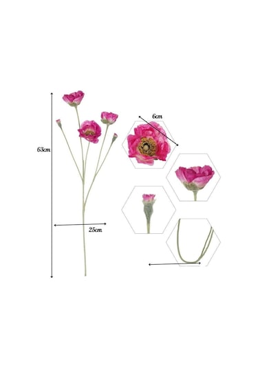 Yapay Çiçek Gelincik Çiçeği Fuşya Renk 3 Çiçek 1 Tomurcuk 59cm
