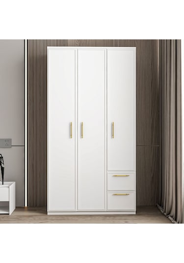 Vespera Çıta Detaylı 3 Kapaklı, Çekmeceli Gardırop Beyaz, 90 Cm