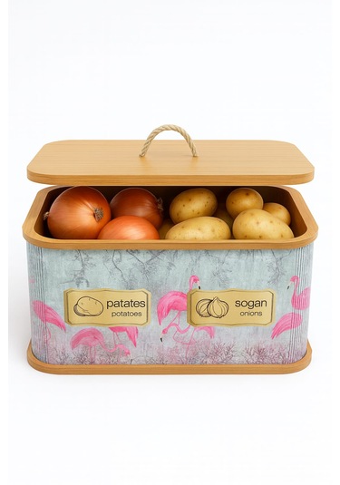 Dekorasyaa 2 Bölmeli Patates Soğanlık - Bambu - Dikdörtgen Flamingo Desen Pembe