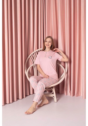 Ahengim Kadın Pijama Takımı Süprem Kısa Kollu Çiçek Desenli Pamuklu W30062330 Pembe