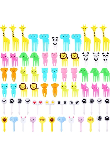 Duoyin 60 Karikatür Moe Komik Çocuklar Meydan Ve Çatal Tek Kullan Ev Plastik Meyve Çatalı Çok renkli