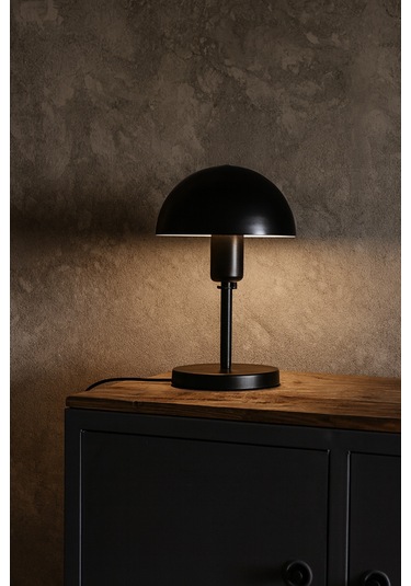 Modern Siyah Metal Masa Lambası Mantar Başlıklı Dekoratif Masa Ve Komodin Lambası Siyah