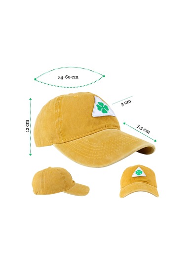 Perlotus Vintage Yıkamalı Pamuk Şapka Dört Yapraklı Yonca Nakışlı Sarı Sarı