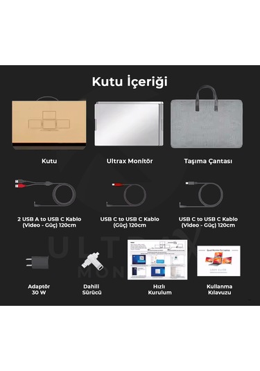 Ultrax 15.6" İkili Taşınabilir Monitör Çoklu Ekran Fhd Notebook Monitör