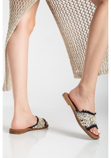 Kadın Düz Topuklu Terlik Siyah Taşlı Püsküllü Kalın Tekbant-3922 Siyah