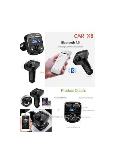Carx8 Micro Sd Usb Girişli Bluetooth Araç Kiti Fm Transmitter