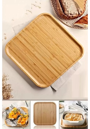 6lı Kare Bambu Gourmet Kahvaltı Tabağı Pasta Servis Sunum Tepsi İkramlık Ahşap Tabak Bej