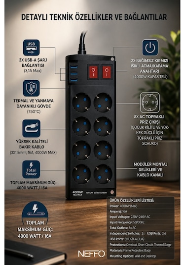 3 Usb Akım Ve Çocuk Korumalı 8li Priz 2mt 0 - 2 M