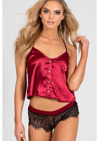 Merry See Dantelli Saten Şortlu Pijama Takım - Kırmızı