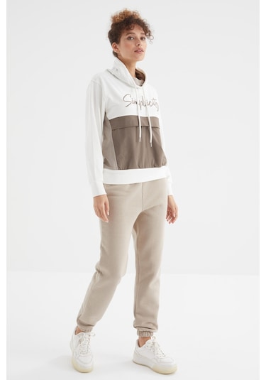 Tommy Life Koyu Bej Yüksek Bel Şardonlu 3 İplik Pamuklu Basic Kadın Eşofman Alt - 94624 Koyu Bej