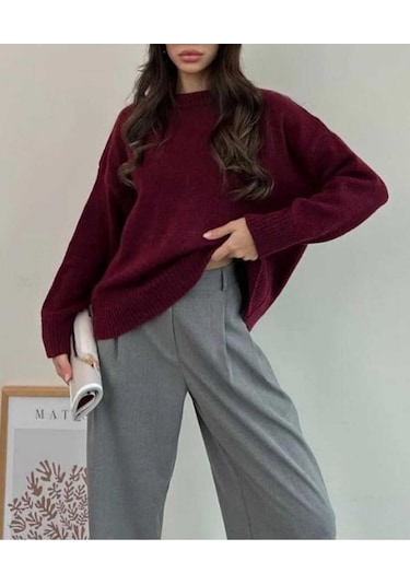 Kozia Outdoors Bisiklet Yaka Salas Oversize Triko Kazak Bordo