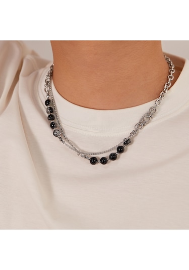 Sones Opk Gx2416 Paslanmaz Çelik Çift Zincir Cam Boncuk Kolye Çok Renkli