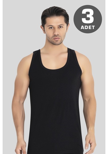 Erkek Siyah Penye Atlet %100 Pamuk 3'lü Paket Siyah