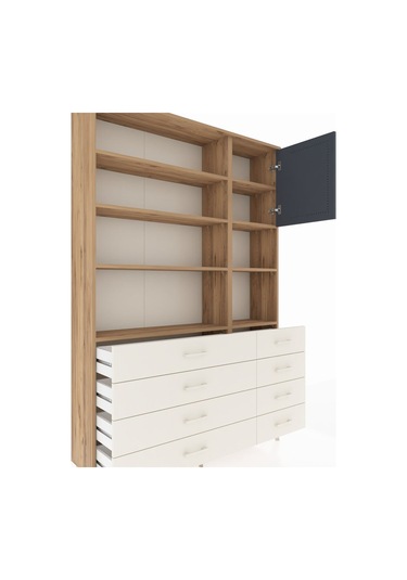 Arges Dolap 8 Raflı 8 Çekmeceli Tek Kapaklı 132x30x195 Çam-antrasit/aytaşı Antrasıt/aytası