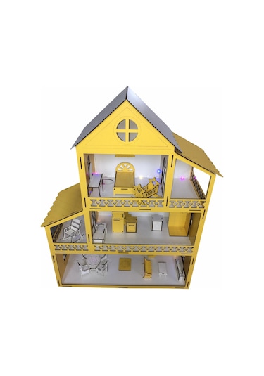 Ahşap Oyun Evi 80Cm 21 Eşya Sarı Led Işıklı