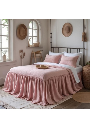 Rustik Şık Keten Fırfırlı - Yumuşak Pembe Yatak Eteği - 180x200 Pembe