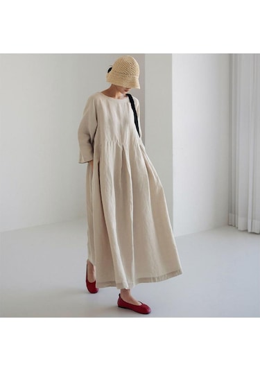 İlkbahar Ve Yaz Kadın Elbise Gevşek Büyük Boy Pamuk Keten Yuvarlak Boyun Kazak Düz Renk Uzun Elbise Askı Elbise Bej