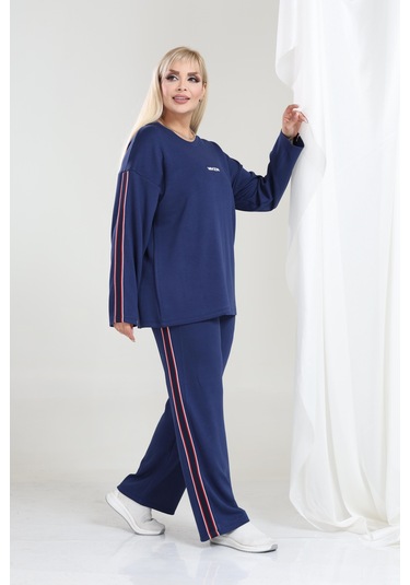 Kadın Büyük Beden Uzun Kollu Şerit Detaylı Oysho Tarzı Modal Kumaş Takım Lacivert