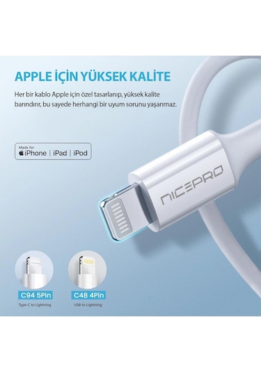 Nicepro Npo UTL12 60 W 1.2 M Tpe USB To Lightning Hızlı Şarj Ve Data Kablosu