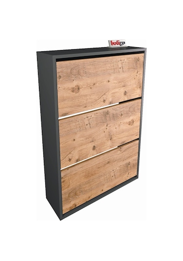 Bofigo Düşer Kapak Ayakkabılık Kayar Raflı Ayakkabılık 3 Bölmeli Ayakkabılık Melek Antrasit-Çam