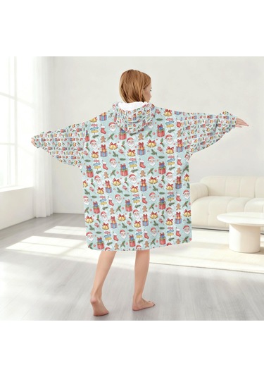 Noel Temalı 6-13 Yaş Çocuk Giyilebilir Battaniye Hoodie, Kalın Peluş, Büyük Boy-a80 Krem - Pembe