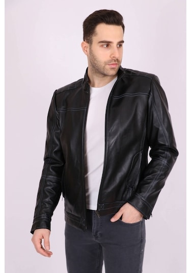 Erkek Siyah Hakiki Deri Hakim Yaka Punto Dikişli Spor Mont