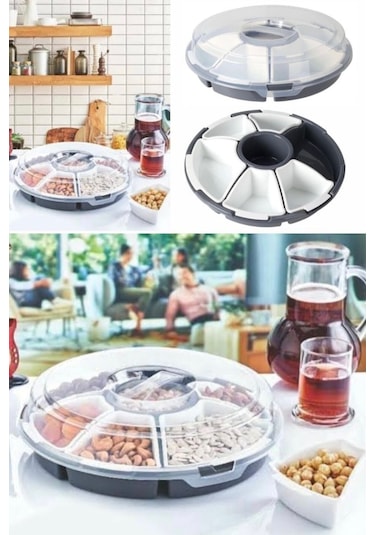 Kapaklı 7'lı Çerez Ve Kahvaltı Saklama Tabağı Plastik Piknik Mangal Kullanışlı Şeffaf Lilyum Seti Şeffaf