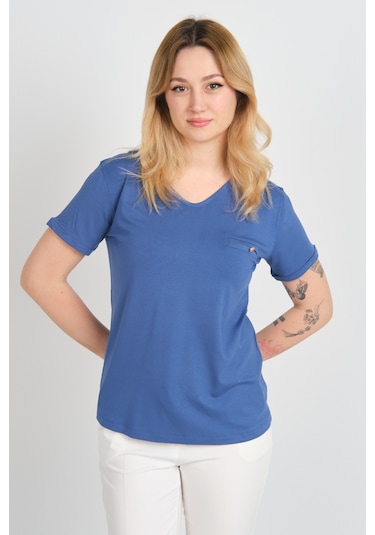 Sistas Kadın Kısa Kollu Süs Cep Detaylı Duble Kol Bluz 4110 Indigo Indigo