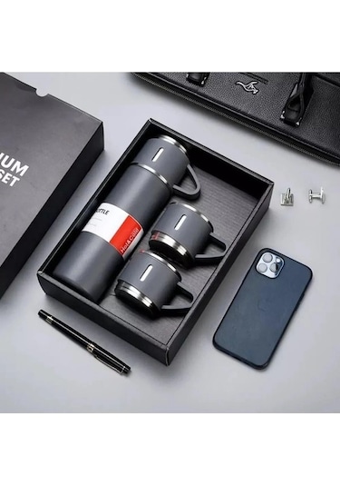 Vacuum Paslanmaz Çelik 3 Bardaklı Vakumlu Termos Set Gri 500 ML Gri