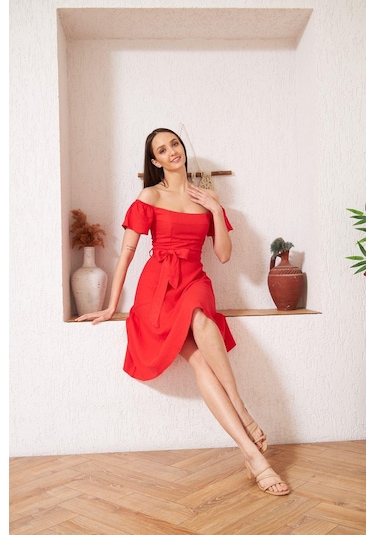 Darlin Moda Kırmızı Omzu Açık Elbise Dm1008 Kırmızı