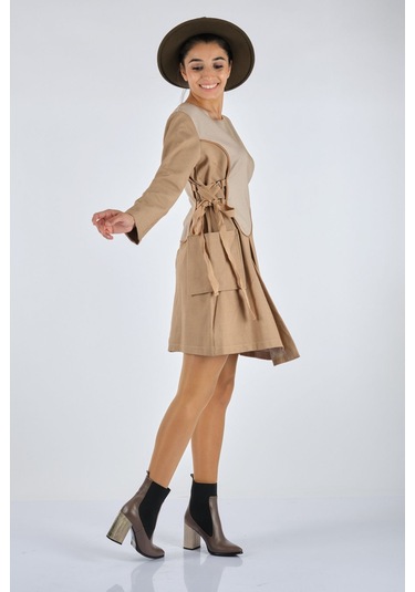 Unique Mode Minimalist Uzun Kol Midi Günlük Elbise - Asimetrik Kesim Bej