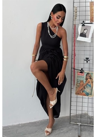 Tek Omuzlu Pile Detay Maxi Elbise 2895 S