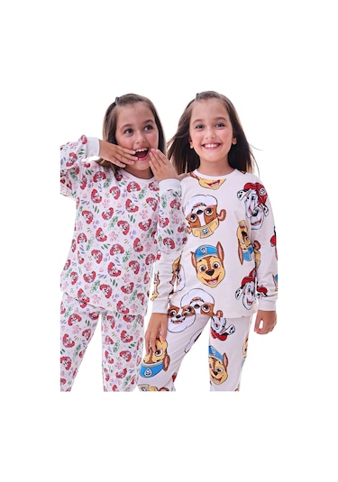 2'li Paw Patrol Ve Sevimli Sky Desenli Kız Çocuk Pijama Takımı Ekru