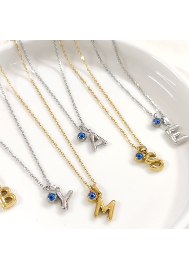 Çelik 1 Cm Nazar Boncuklu Mini Harf Kolye - Altın Sarı - M Harfi Beyaz