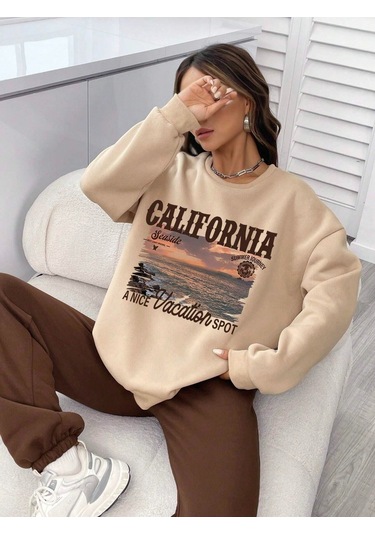 Hırsch Kadın Bej California Seaside Baskılı Oversize Alt Üst Eşofman Takımı Vizon