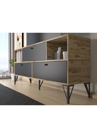 Wood'n Love Mia 160 Cm Metal Ayaklı Tv Ünitesi - Konsol - Atlantik Çam - Siyah / Siyah