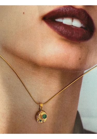 Firüze Taşlı Minimal Paslanmaz Çelik Kararmaz Kadın Kolye Moder Altın