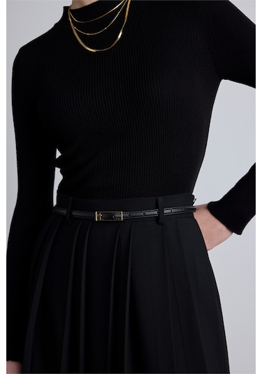 Dikdörtgen Tokalı İnce Kemer Siyah Siyah