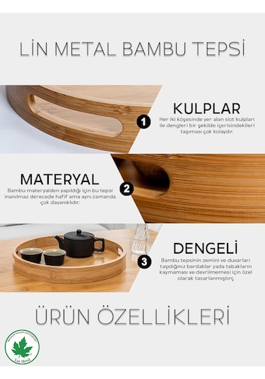 Yuvarlak Bambu Tepsi, Kulplu Sunum Tepsisi, Servis Tepsisi, Kahve Tepsisi, Keyif Tepsisi, Modern Tahta Tepsi - 25 Cm Bambu