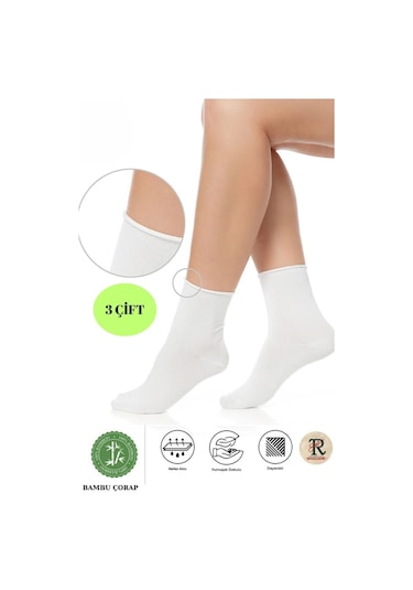 Trampler Unisex 3 Çift Bambu Çorap Lastiksiz Beyaz Soket Çorap Sıkmayan Çorap Beyaz