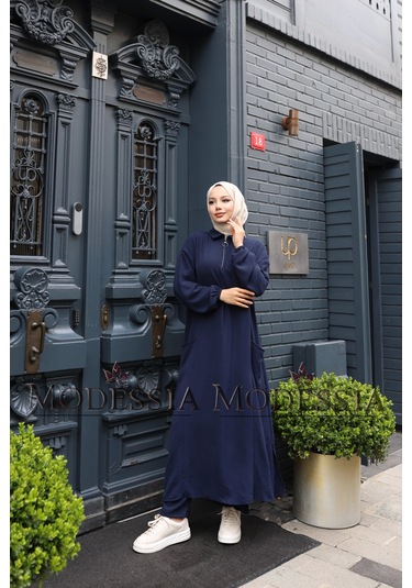 Kadın Lacivert Aerobin Uzun Önü Yarım Fermuarlı İkili Takım T1219 Lacivert