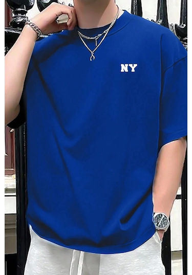 Erkek Ny Baskılı Oversize Tshirt Mavi