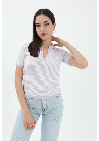 İnce Çizgili Polo Yaka Triko Kazak - Lila - Kadın Lila