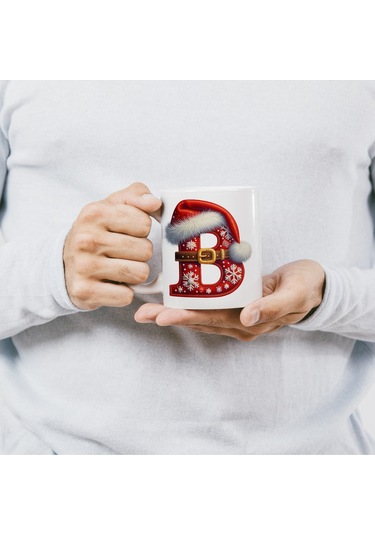 B Harfi Yılbaşı Temalı Bardak 330 Ml Harfli Kişiye Özel Hediye - Yeniyıl / Noel Şapka Tasarım Beyaz