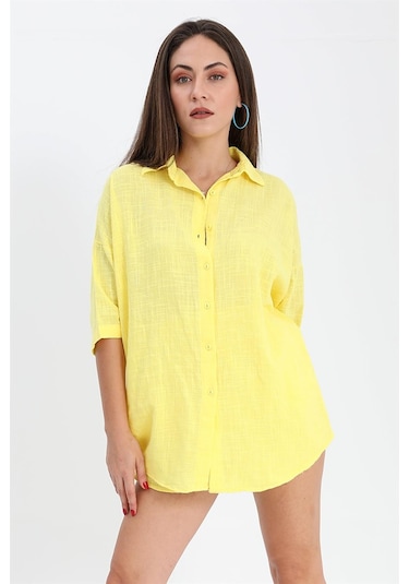 Pamuk Keten Şort Gömlek Kadın İkili Takım - Sarı-sarı Sarı