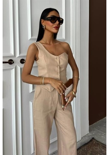 Tek Omuz Büstiyer Plazzo Pantolon Viscon Takım 10159 Bej