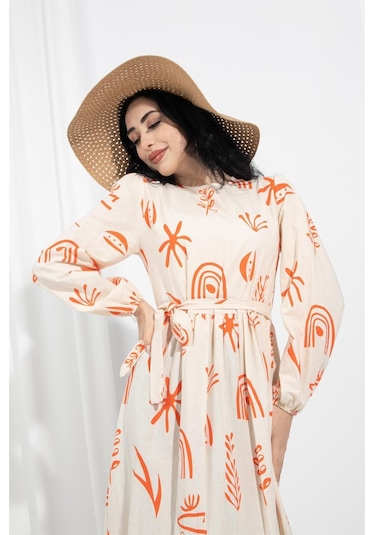 Antik Desenli Keten Elbise-oranj-1249-turuncu Turuncu